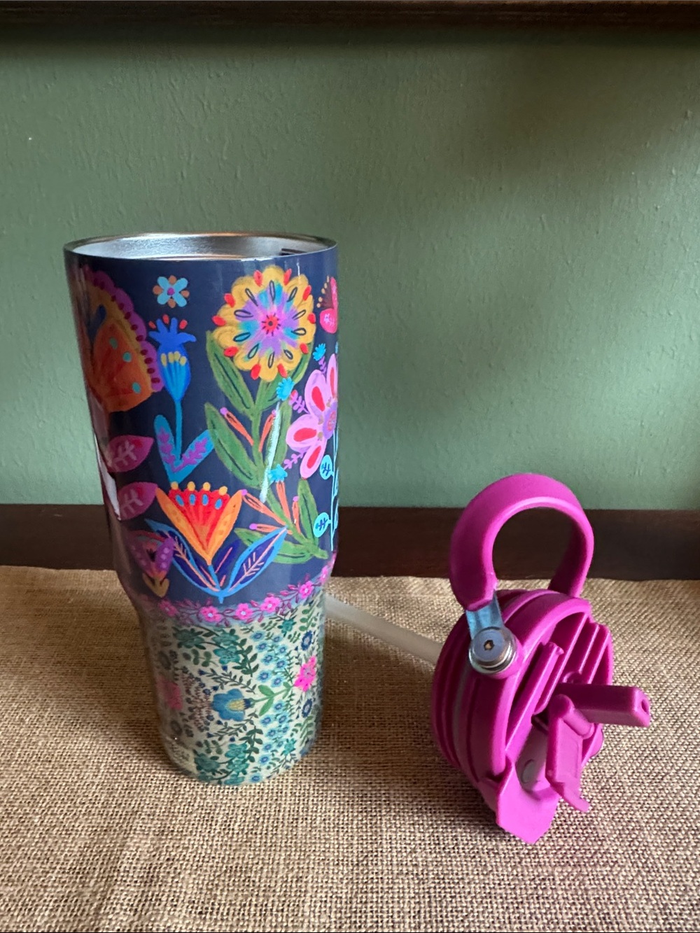 NATURAL LIFE Navy Floral Travel Tumbler with Pink Accent Lid 30 oz